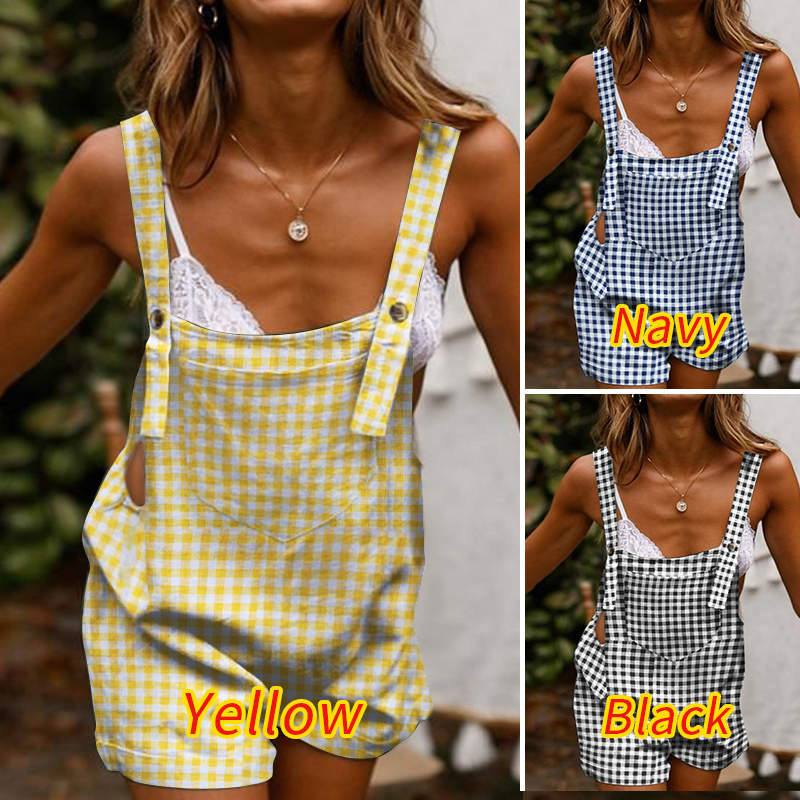 Jumpsuit Ngắn Zanzea Có Túi Thời Trang Nữ Không Tay Vải Caro Dáng Rộng