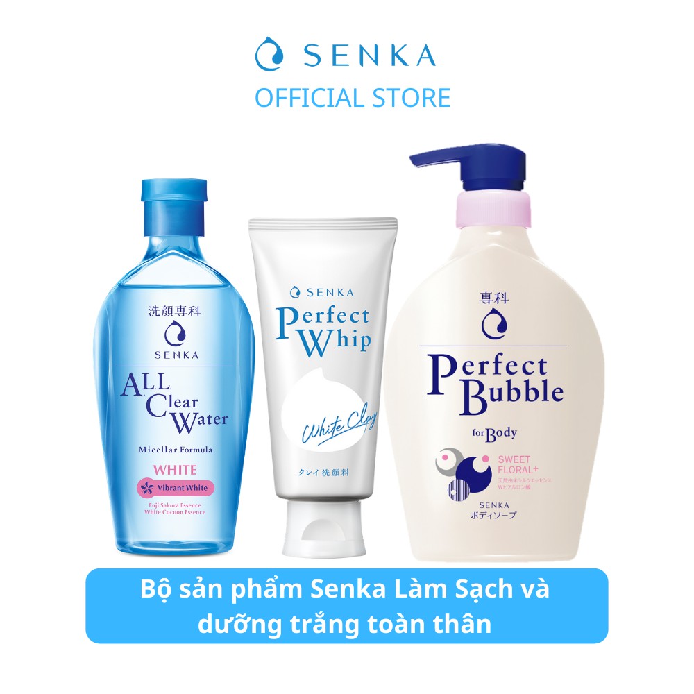 Bộ sản phẩm Senka làm sạch dưỡng trắng toàn thân và da mặt (White 230ml + Clay 120g + Sữa tắm Senka 500ml)