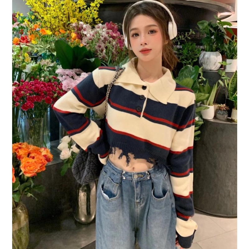 Áo Sweater Cổ polo Tay Dài Họa Tiết Kẻ Sọc Màu Sắc Tương Phản Thời Trang Mùa Thu Dễ Phối Đồ Cho