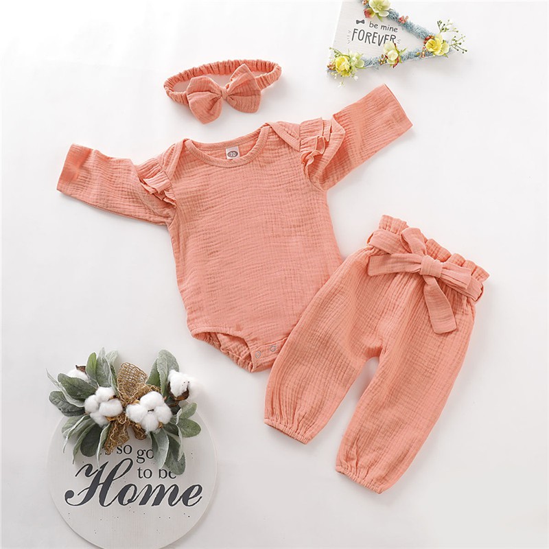 Bộ đồ cotton 3 món MIKRDOO gồm áo liền quần tay dài và quần dài phối băng đô mềm mại cho bé sơ sinh