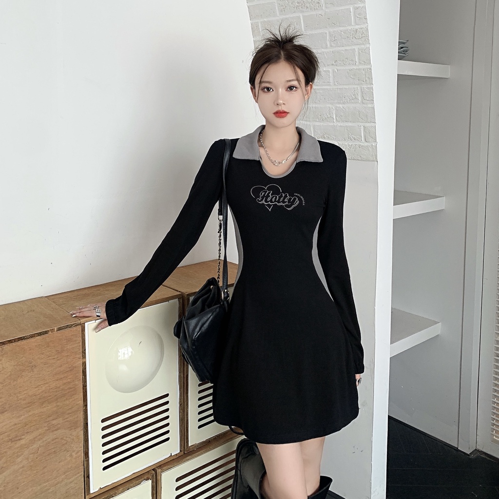 Đầm Chữ A Ôm Dáng Màu Tương Phản Thời Trang Hàn Quốc Cho Nữ