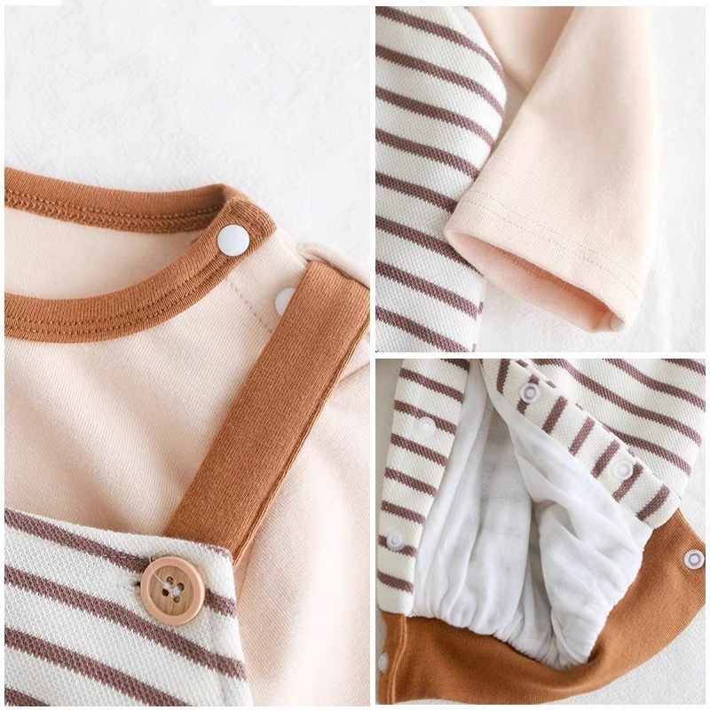 Bộ Áo Liền Quần Tay Dài + 1 Dây Đeo In Họa Tiết Sọc Dễ Thương Thời Trang Mùa Đông Cho Bé Sơ Sinh