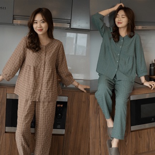 Bộ đồ dáng babydoll mặc nhà quần có túi, kẻ caro cao cấp mềm mịn, mát