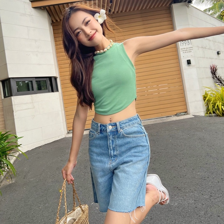 Áo croptop nữ body sát nách TOPTIFY form basic kiểu viền bo vạt bầu Maude Top AC53