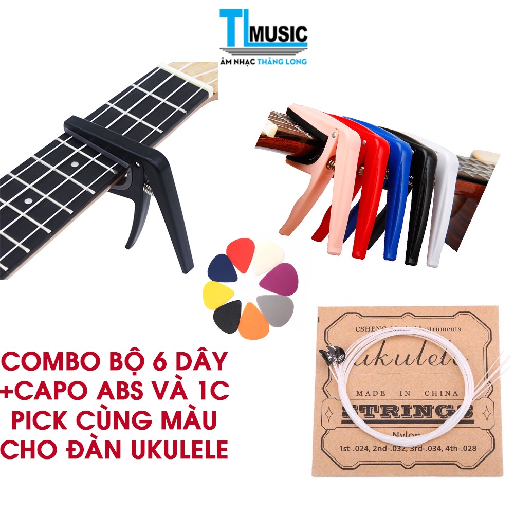 Combo Capo đàn Ukulele và 1 bộ 6 dây đàn,1 pick gảy cùng màu -Bộ 3 phụ kiện Ukulele: Capo + Bộ dây + Phím gảy