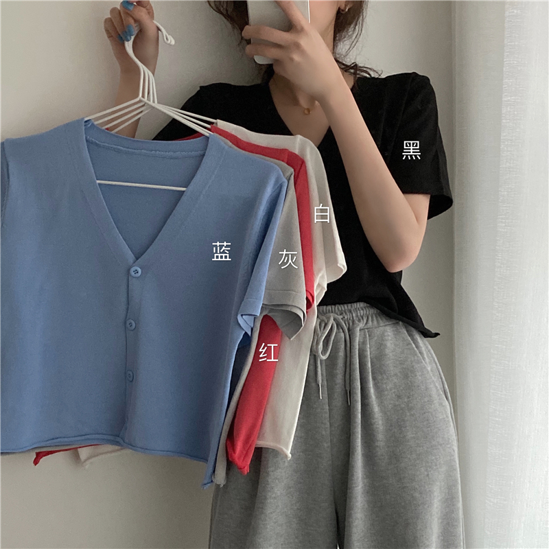 Áo cardigan dệt kim XIAOZHAINV màu trơn dáng rộng tay ngắn cổ chữ V có 5 màu sắc cho nữ