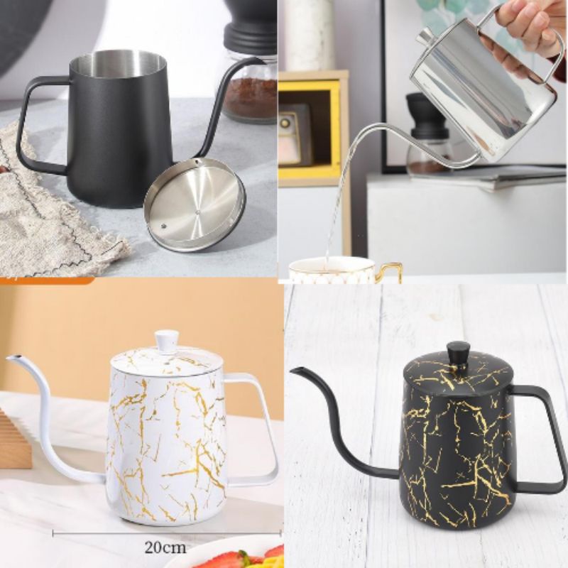 Bình, Ấm Đun Nước Cổ Ngỗng Rót Pha Cà Phê Vòi Dài Inox 304 có Nắp 350ML - 600ML