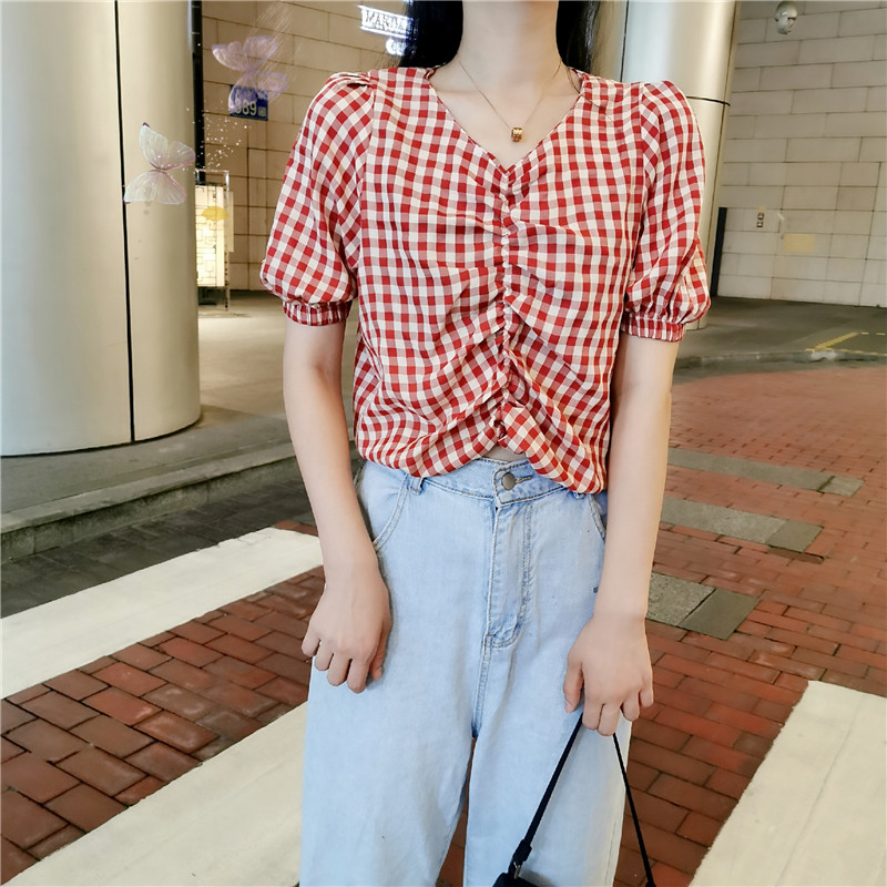 Women's French Retro V-neck Short Sleeve Plaid Shirts Loose Fashion Summer Crop Tops | BigBuy360 - bigbuy360.vn