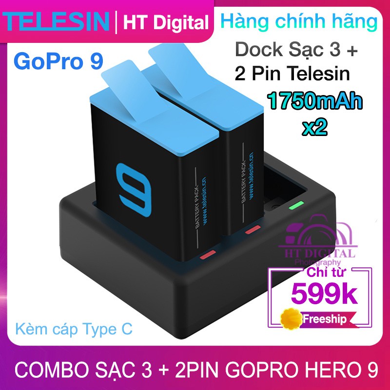 Combo Sạc 3 + 2 Pin cho GoPro 9 Telesin - Bộ Pin Sạc Cho Máy Quay Hành Trình GoPro Hero 9 - Phụ Kiện GoPro