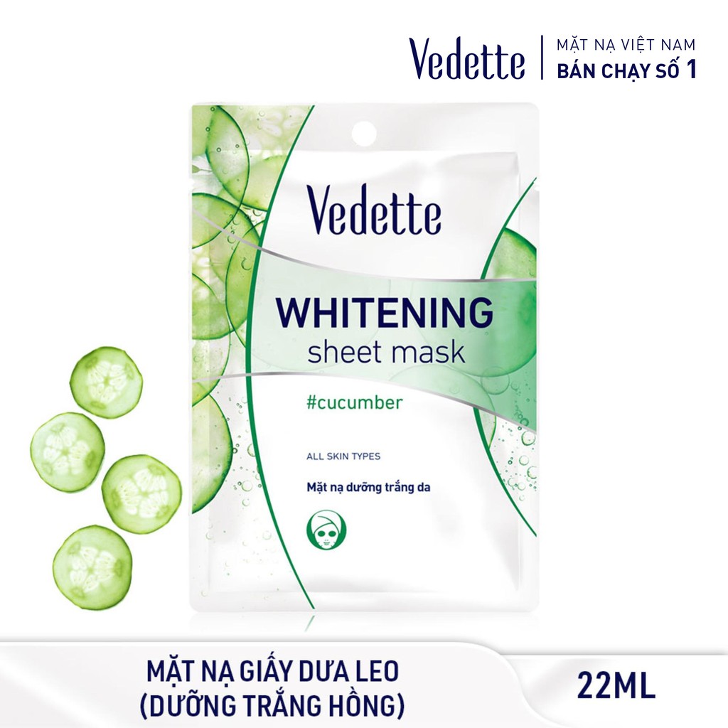 COMBO 6 MẶT NẠ GIẤY TRẮNG HỒNG TỰ NHIÊN 22ml VEDETTE - CÀ CHUA, NHA ĐAM VÀ DƯA LEO - TPMY040