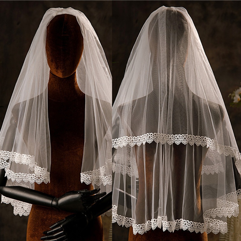 Mạng Che Mặt Hai Lớp Bằng Vải Tuyn Trắng Phối Ren Cho Cô Dâu Chụp Ảnh Hóa Trang