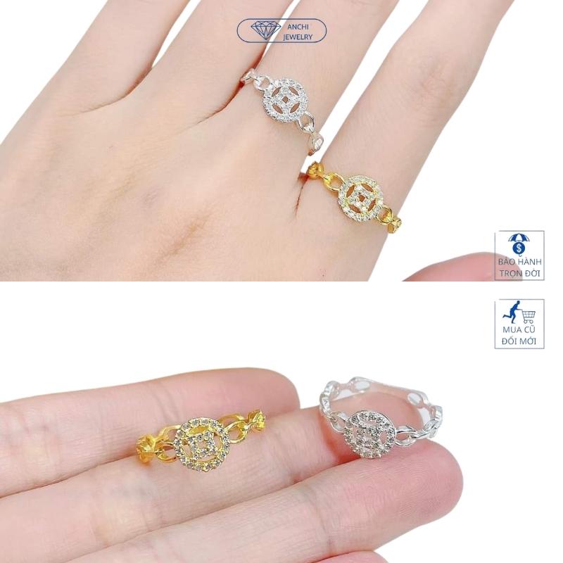 Nhẫn kim tiền chữ vạn đính đá, chuẩn bạc mạ vàng - Anchi jewelry