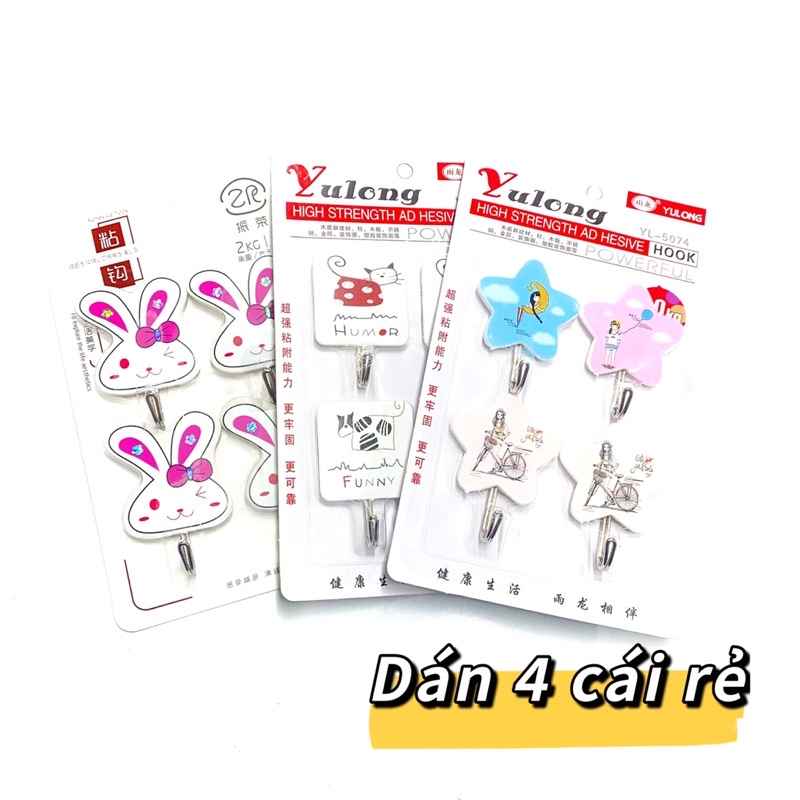 Móc dán tường combo 4 cái bằng nhựa móc sắc chịu lực siêu dính