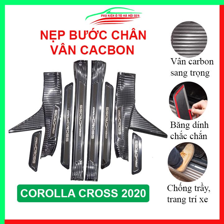 Ốp bậc cửa, nẹp bước chân Corolla Cross 2020 vân cacbon chống trầy bảo vệ trang trí xe