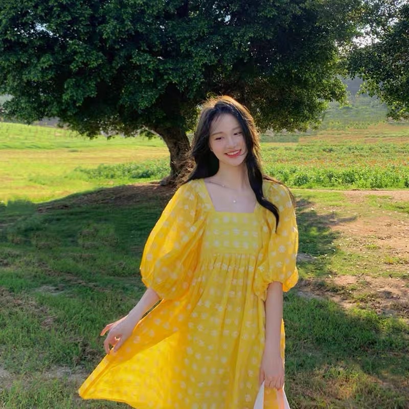 Đầm baby doll hoa cúc vàng dễ thương kèm feedback thật