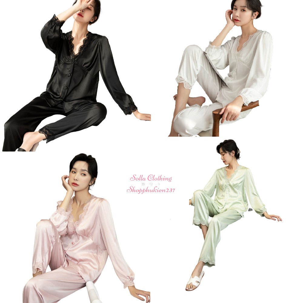 Hàng Cao Cấp Đồ Bộ Ngủ Pijama Lụa Mềm Mịn Cổ Tim Phối Viền Ren Tay Dài Quần Dài - Mã ADQD01