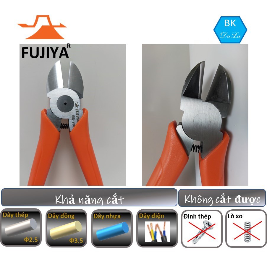 Kìm cắt lưỡi tròn 200mm Fujiya ADN-200 tiêu chuẩn Nhật. Dùng cắt dây đồng, dây điện, dây thép và dây nhựa