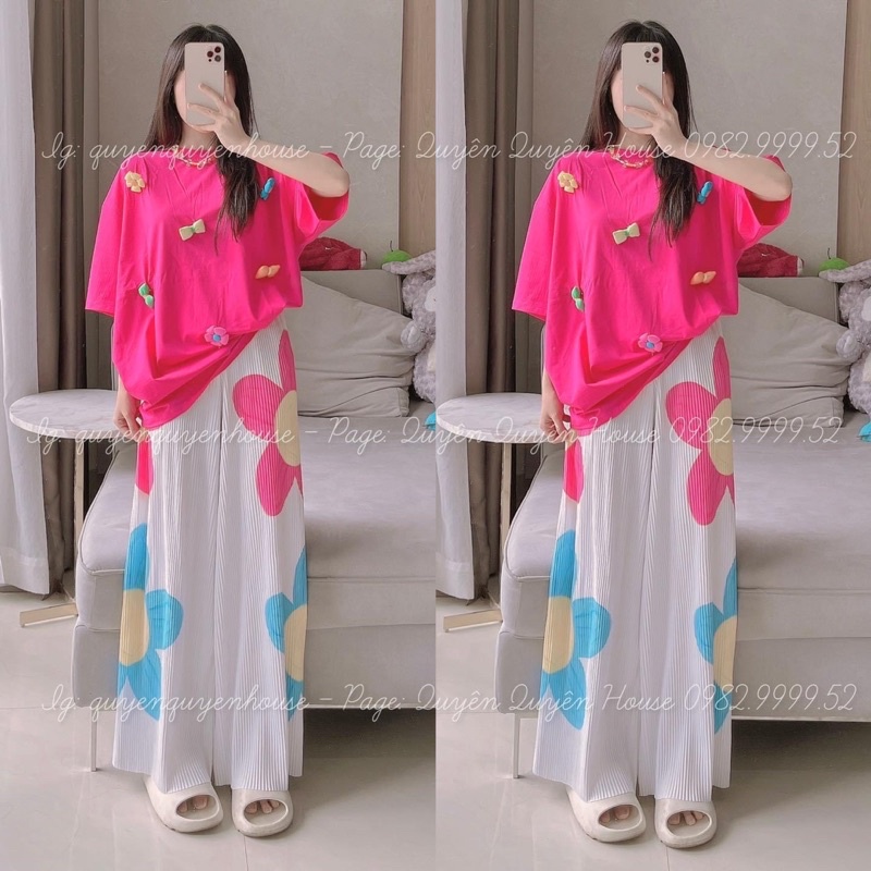 Set áo cotton hồng hoa đính ghim riêng xinh xắn quần suông G5