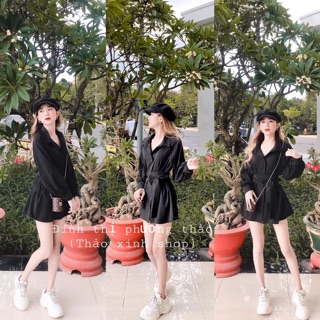 set sơmi đen + quần thắt nơ eo (ảnh thật)
