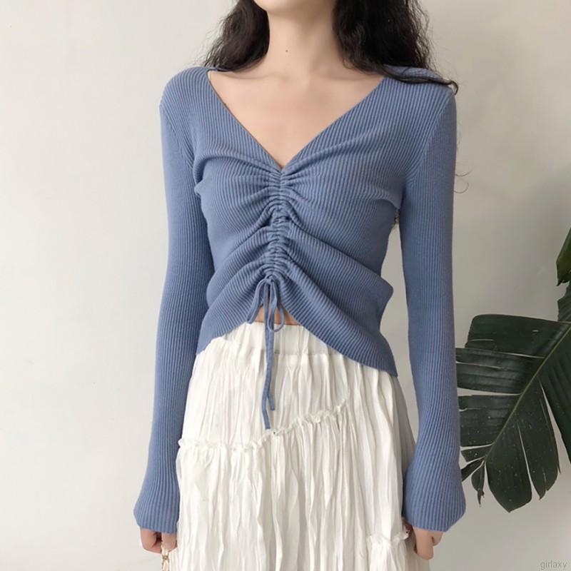 Áo Sweater Nữ Tay Dài Cổ Chữ V Màu Trơn Phong Cách Hàn Quốc