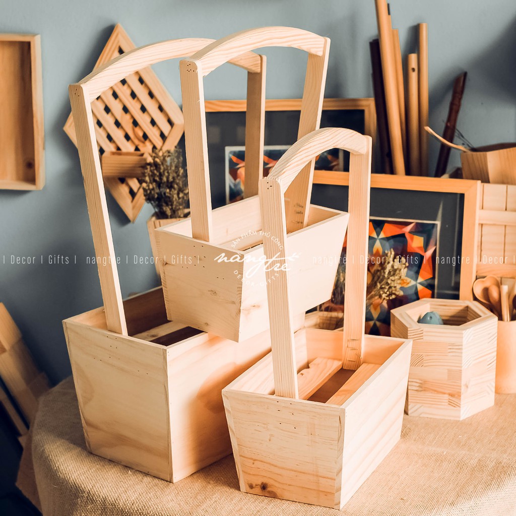 Giỏ gỗ trang trí hoa - giỏ gỗ trang trí - Wooden basket with flowers