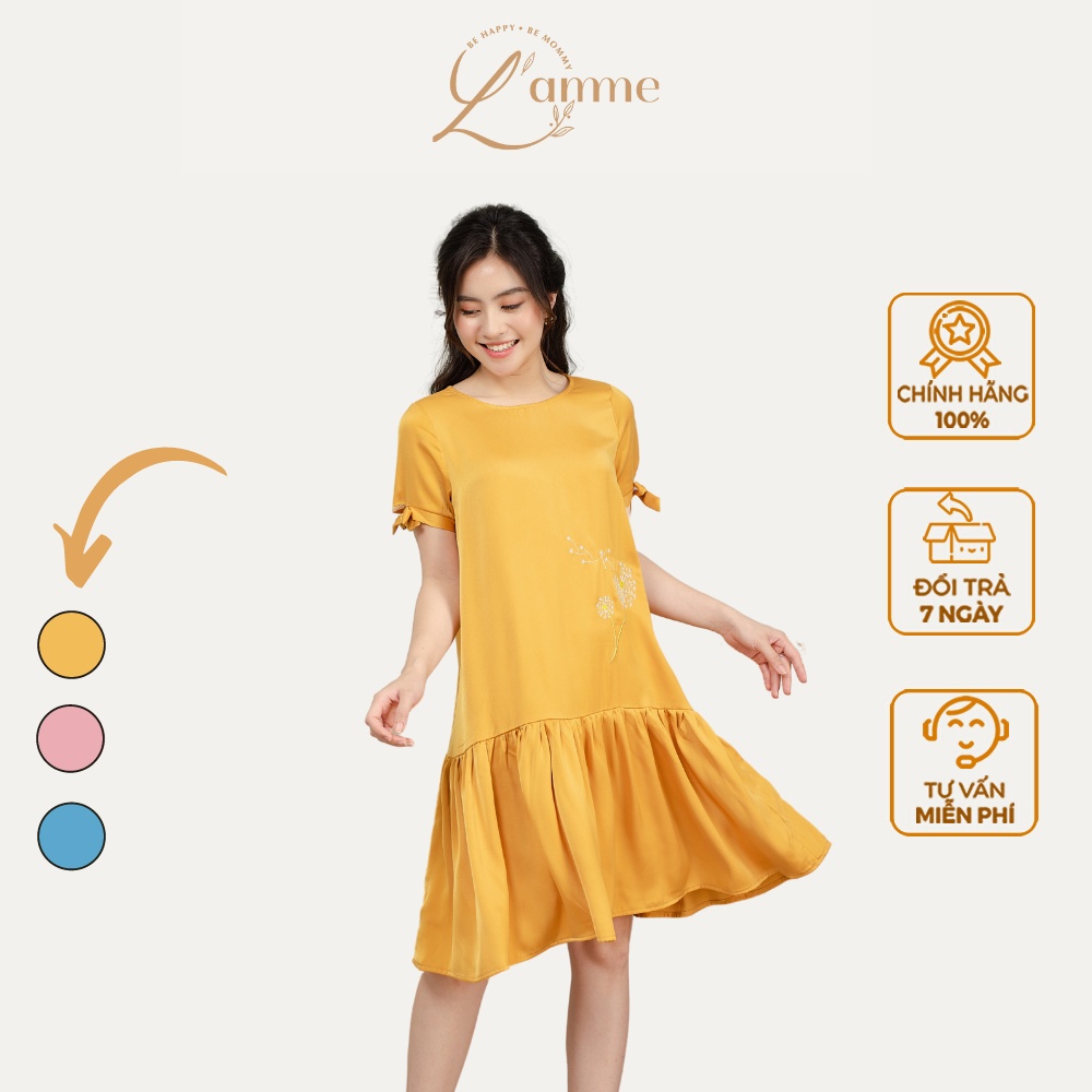 Đầm bầu đẹp Delia Dress chất lụa mềm mát cùng họa tiết thêu hoa phù hợp mặc đi làm by LAMME