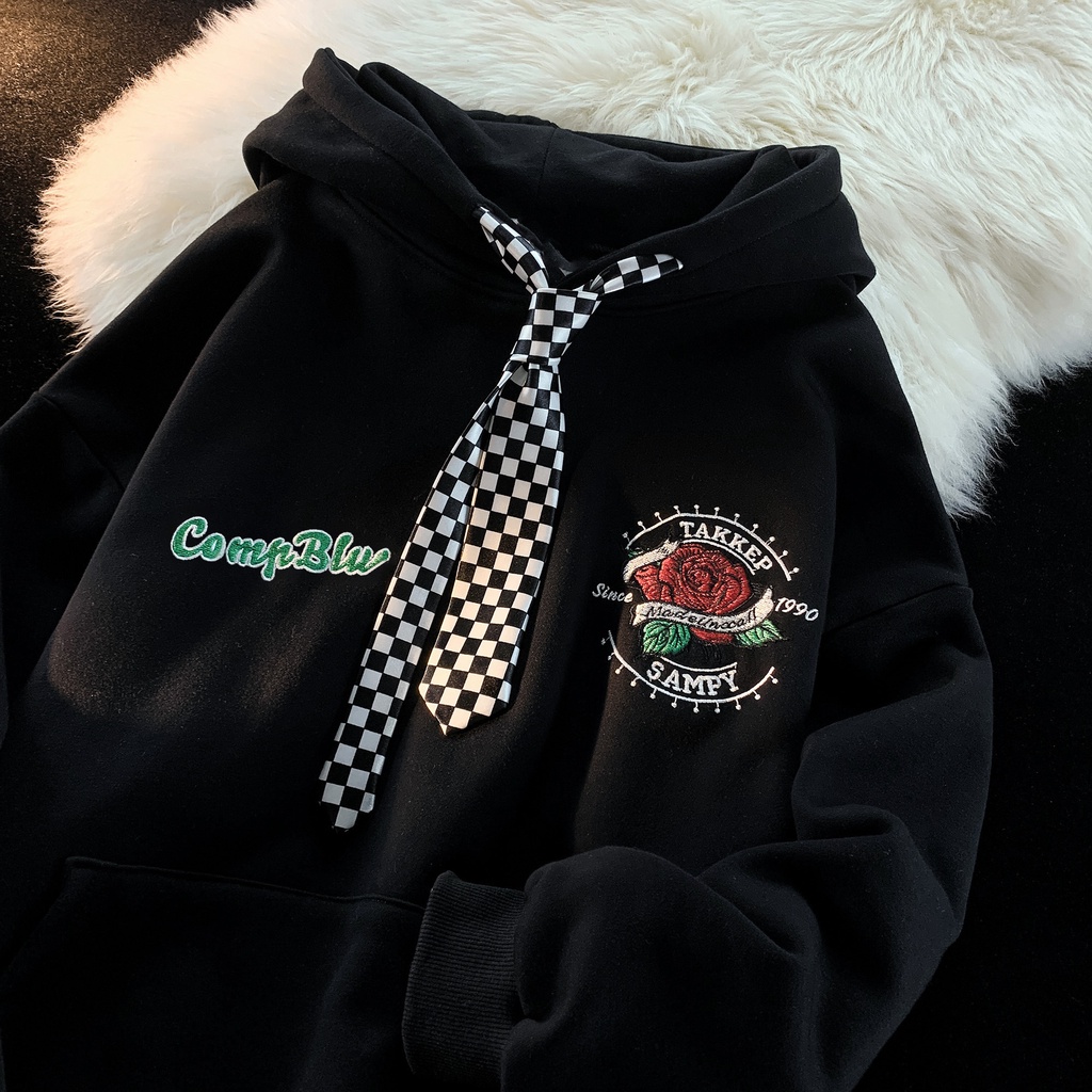 ZHELIHANGFEI Áo len trùm đầu in họa tiết hoa hồng phong cách đại học rộng rãi