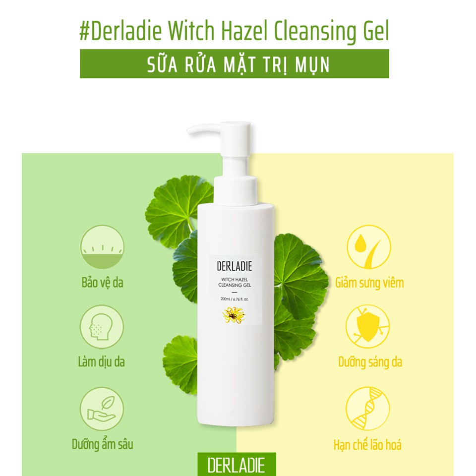 [Mã FMCGMALL - 8% đơn 250K] Gel rửa mặt làm sạch da cho da mụn Derladie Witch Hazel Cleansing Gel 200ml | BigBuy360 - bigbuy360.vn