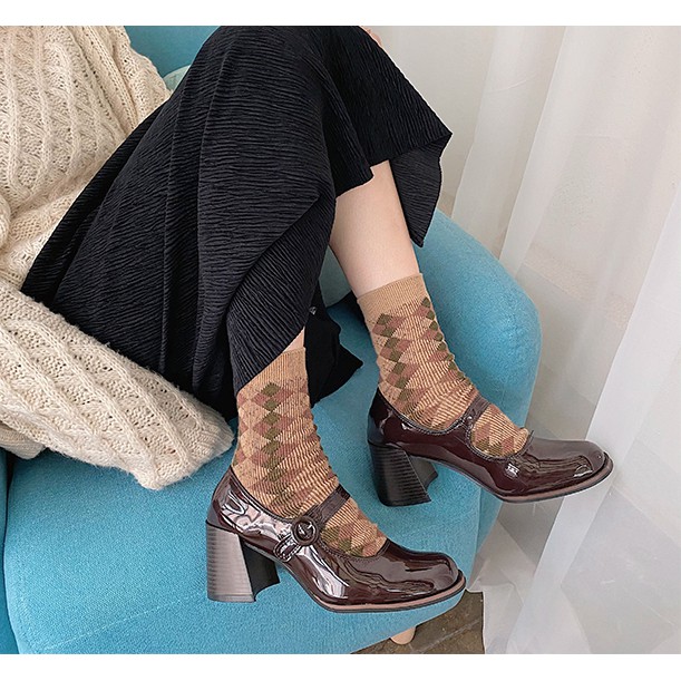 Giày búp bê cao gót đế vuông 7cm da bóng nhẹ style vintage G043