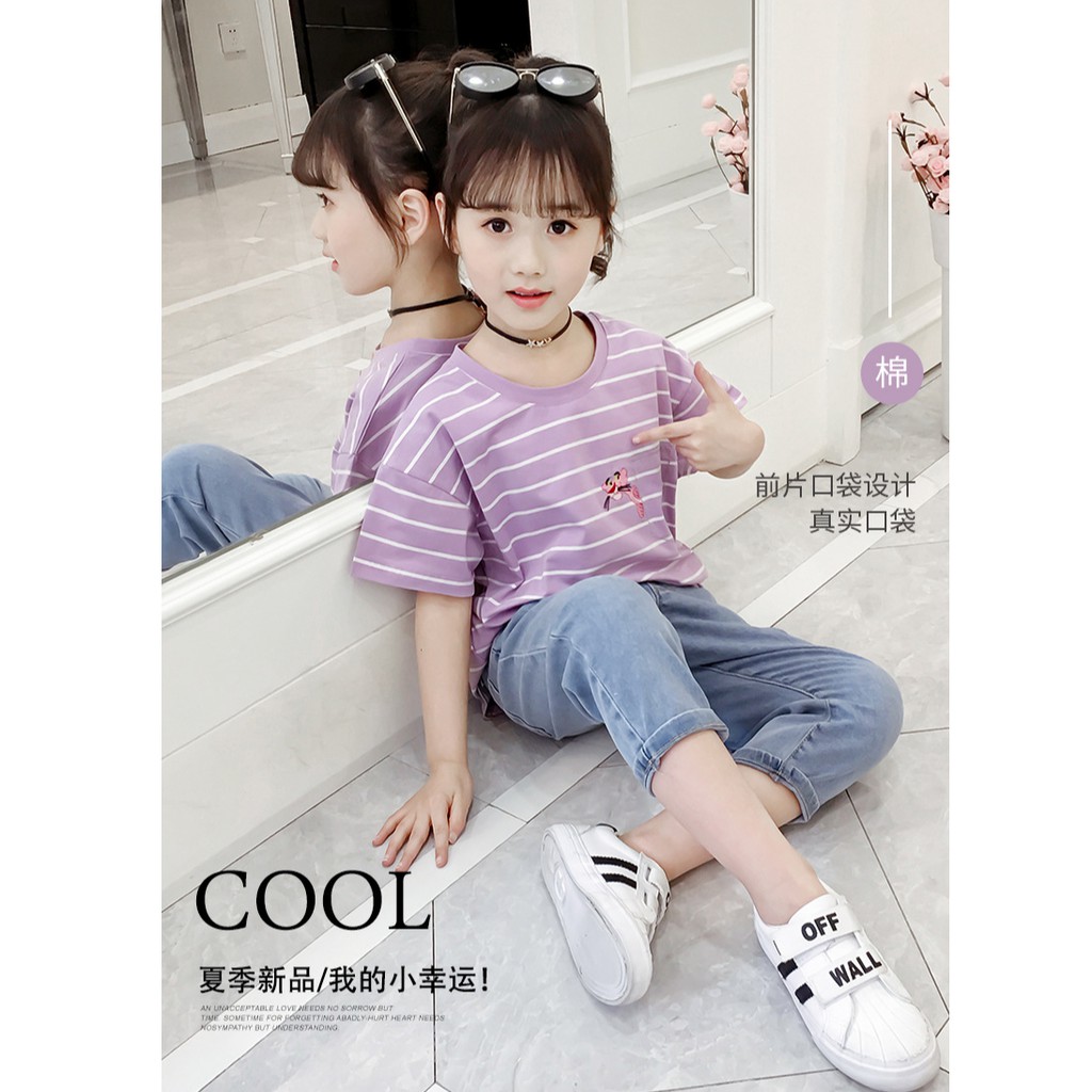 Áo phông kẻ phối túi thêu báo hồng siêu đẹp dành cho bé gái lớn