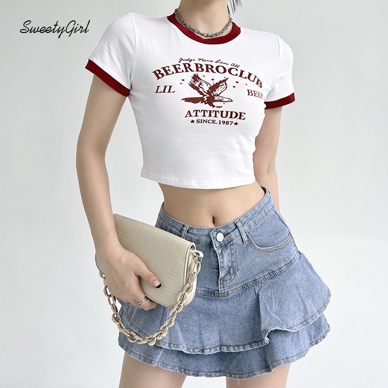 Áo Thun Tay Ngắn Cổ Tròn In Chữ Phối Màu Sắc Tương Phản Thời Trang Cho Nữ 2022