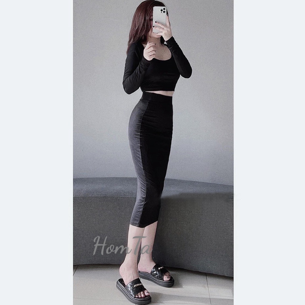 Set Áo Cổ U Tay Dài Kèm Chân Váy