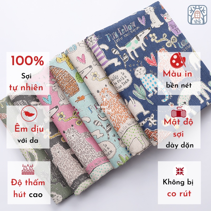 LRDW Vải COTTON PHA LINEN 100% tự nhiên🍒Chuanshui🍒khổ vải 110cm - mèo vải đẹp handmade, quilt, may quần áo cao cấp