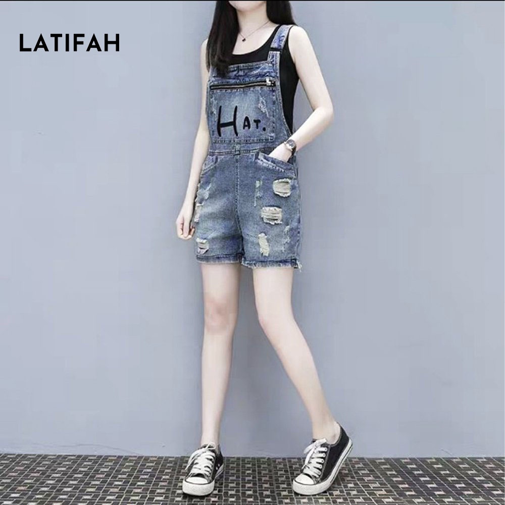 Yếm short jean LATIFAH dây kéo thêu chữ HAT YJ021 phong cách hàn quốc