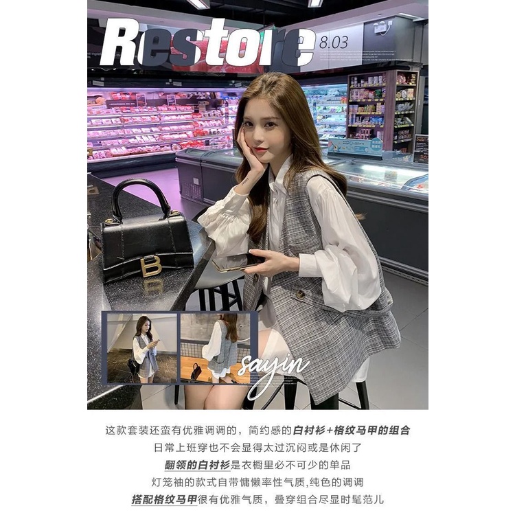 Set Áo Sơ Mi Trắng Tay Dài Kẻ Sọc + Áo Khoác Sát Nách Thời Trang Xuân Thu Mới 2021