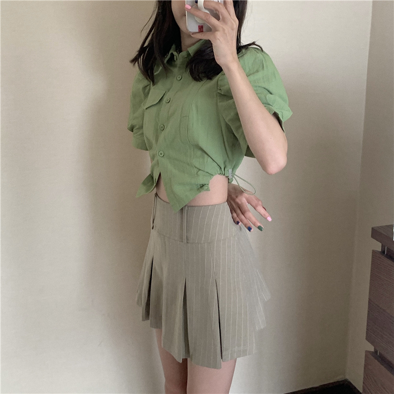 Áo kiểu crop top tay ngắn phối dây rút thiết kế độc đáo thời trang