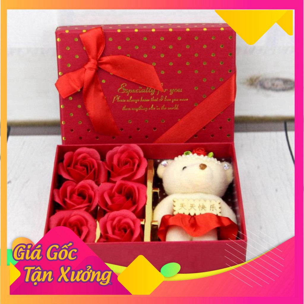 Xả hàng HỘP QUÀ HOA HỒNG SÁP 6 BÔNG KÈM GẤU