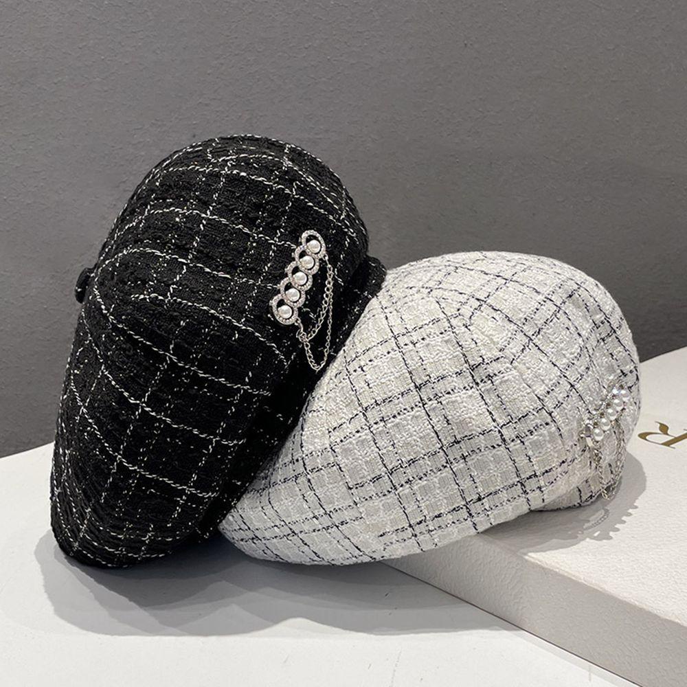 IVORY Mũ Beret Họa Tiết Sọc Caro Phối Dây Xích Thời Trang Mùa Đông Cho Nữ