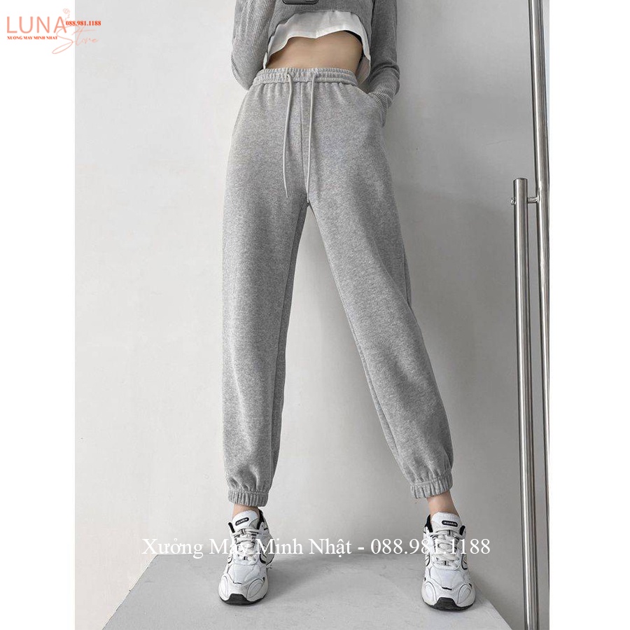 Quần Jogger nỉ nữ thun trơn bo ống gấu ống rộng cạp chun Unisex dáng Ullzang vải da cá dày mềm ấm mặc thể thao ở nhà đẹp
