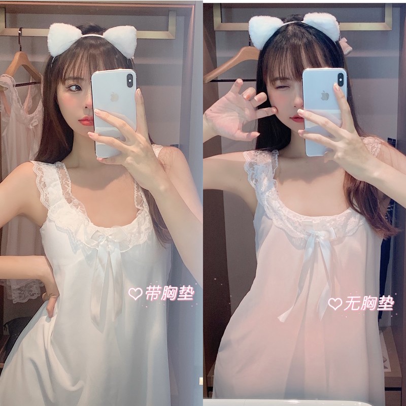 Jiashucheng Đầm Ngủ Hai Dây Phối Ren Mỏng Có Đệm Ngực Gợi Cảm Mặc Ở Nhà / Ngoài Trời