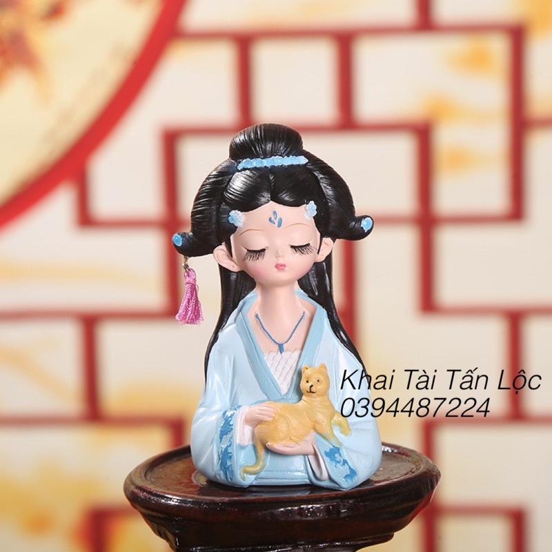 Tượng cô gái cổ trang ôm mèo cao 9,5cm