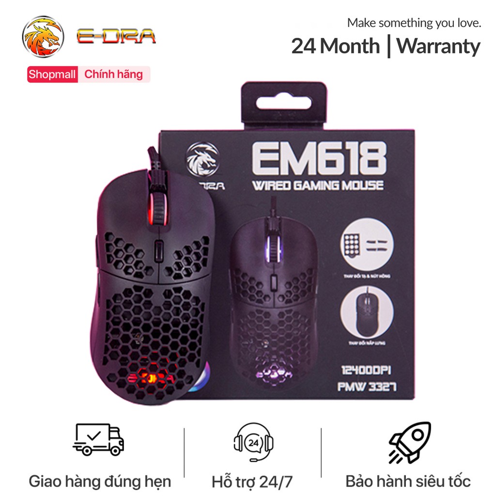 Chuột chơi game có dây E-Dra EM618 - Led RGB - Cảm biến Avago 3327 - DPI 12400 - Thay nắp lưng và trọng lượng tùy biến