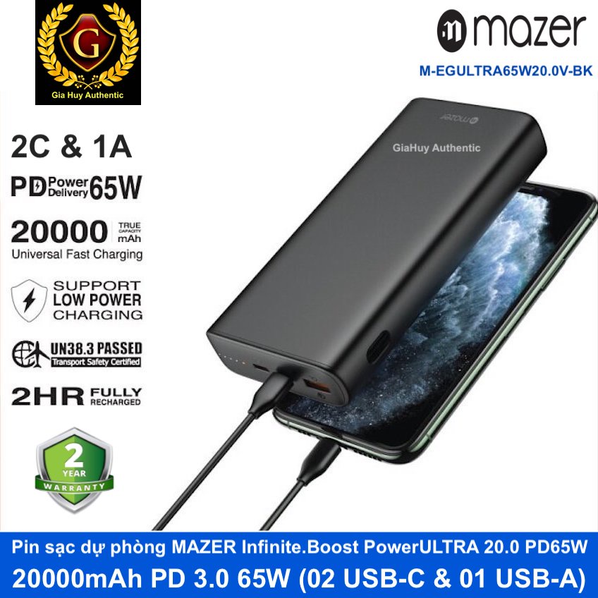 Pin sạc dự phòng MacBook Pro 13'' 2020, iPhone 13 Series MAZER Infinite.Boost PowerULTRA 20000mAh PD 3.0 65W (2C &amp; 1A)