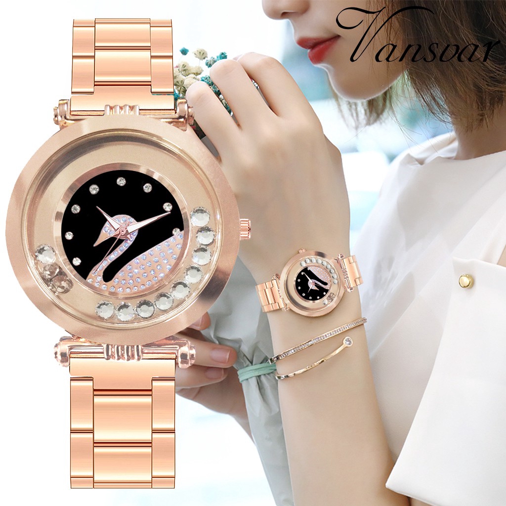 Đồng hồ quartz nữ đính đá phối dây thép không gỉ sang trọng thanh lịch