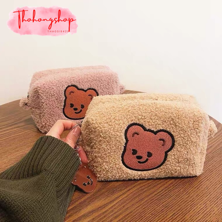 Hộp đựng bút, túi đựng bút mặt gấu nâu kèm tag gấu lông xù dễ thương KT 18*18*10