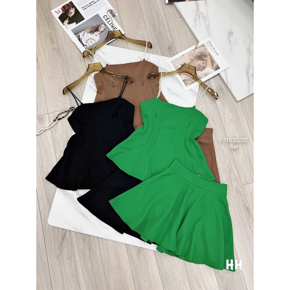 Set áo peplum dây chuỗi ngọc phối quần váy