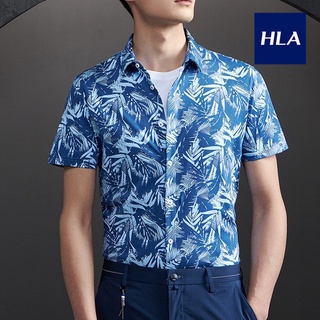Áo Sơ Mi Nam Ngắn Tay Hoạ Tiết HLA Leaf Pattern Short Sleeve Knitted Shirt