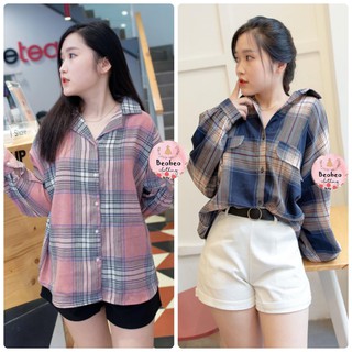 [Ảnh thật] Áo sơ mi oversize tay phồng caro túi đắp ulzzang