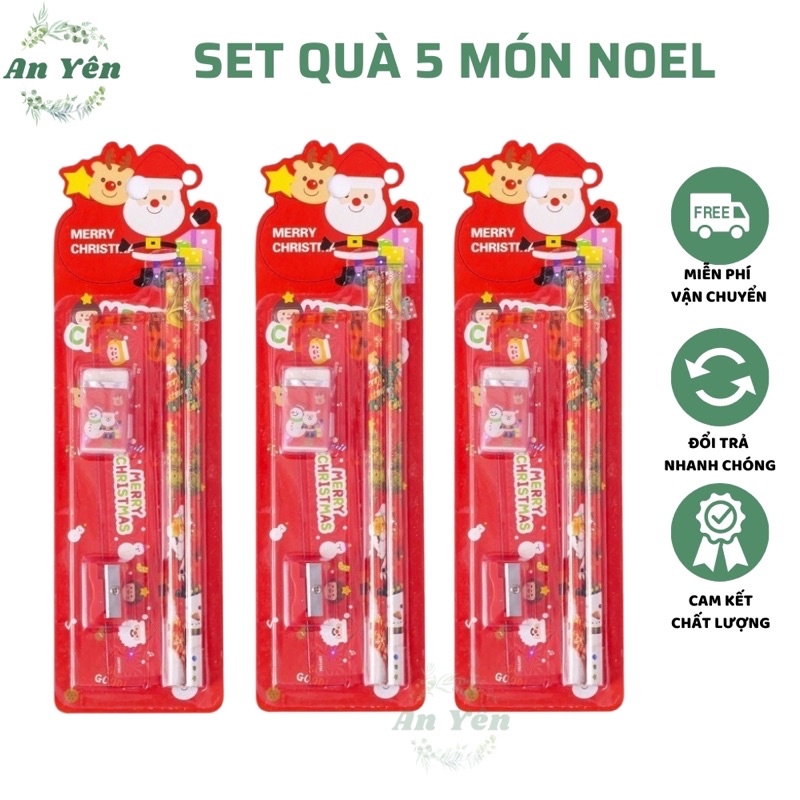 Set quà noel 5 món, bộ đồ dùng học tập xinh xắn hình làm quà tặng noel giáng sinh cho bé yêu