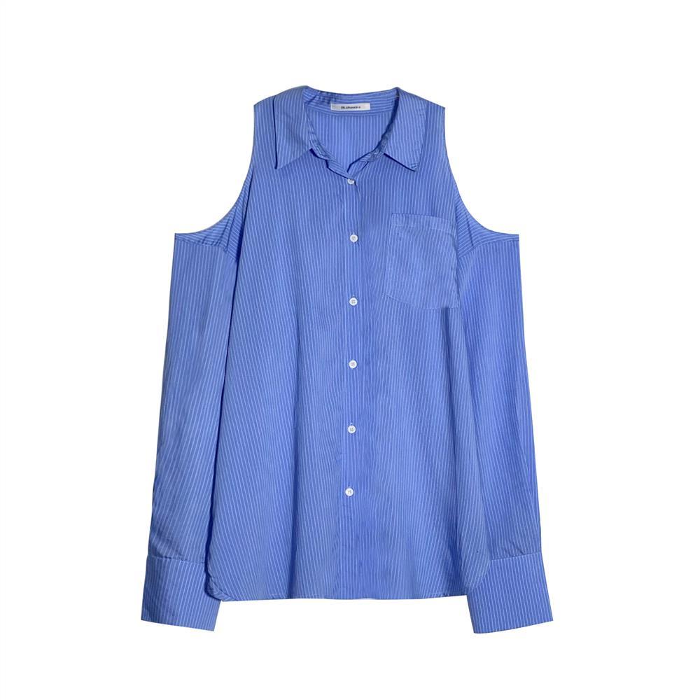 Áo sơ mi dài tay hở vai họa tiết kẻ sọc phong cách mùa hè trẻ trung dành cho nữ